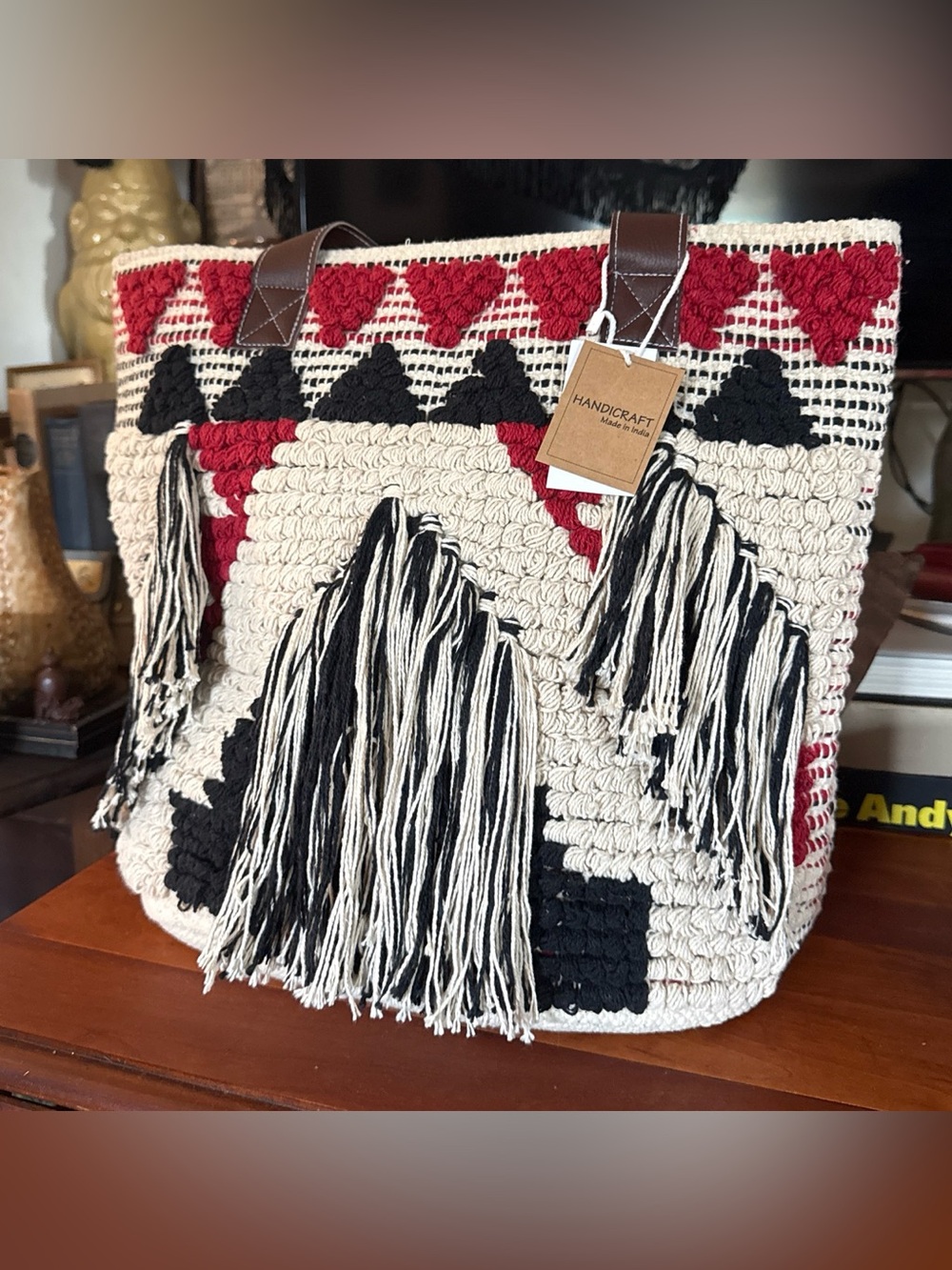 Jacquard Cream, Black & Red Crocheted Tassel Tote Bag